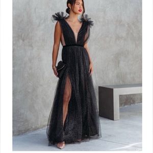 LUXEL Black Tulle Silver Glitter Gown - Size L